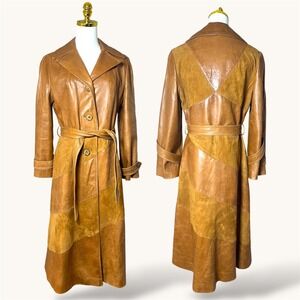Vintage 70s Skin Gear Napa Ante Leather Trench Coat S Patchwork Tan Brown